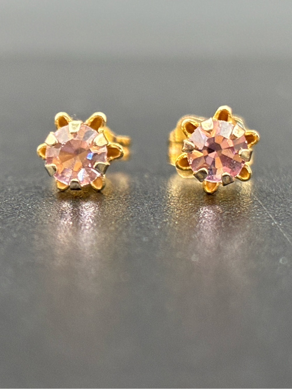 14k Gold Vintage Pink Gemstone Earrings - Buttercup Setting